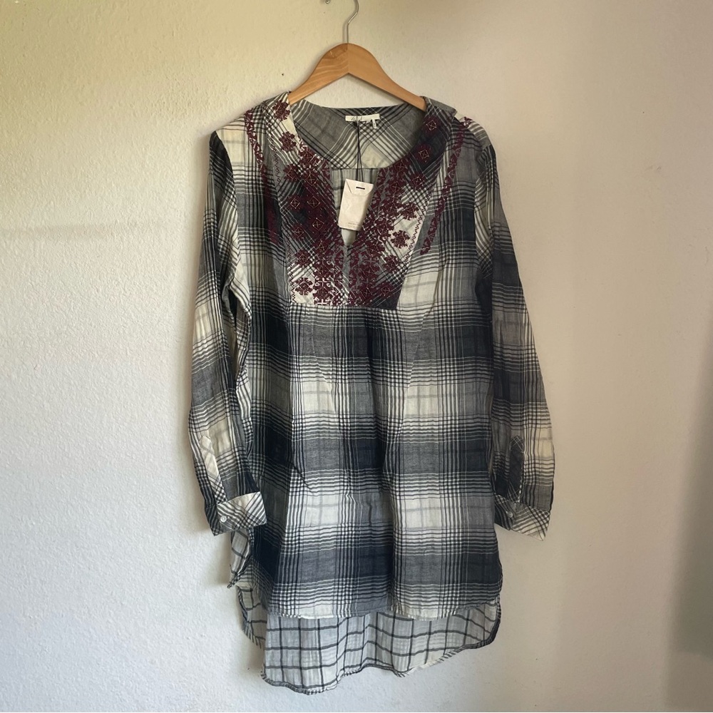 Floreat Black and White Plaid Tunic with Wine colored cross stitch